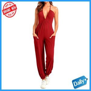 Large Halter Jumpsuit Long Pants Romper Deep V Neck Summer Casual